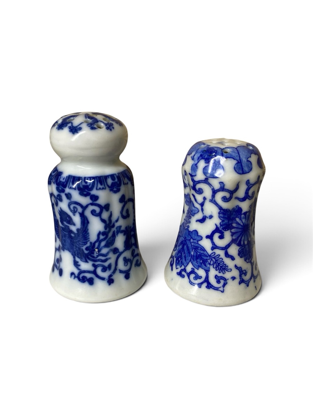 Vintage Japanese Salt and Pepper Shakers Floral Phoenix Bird White Blue